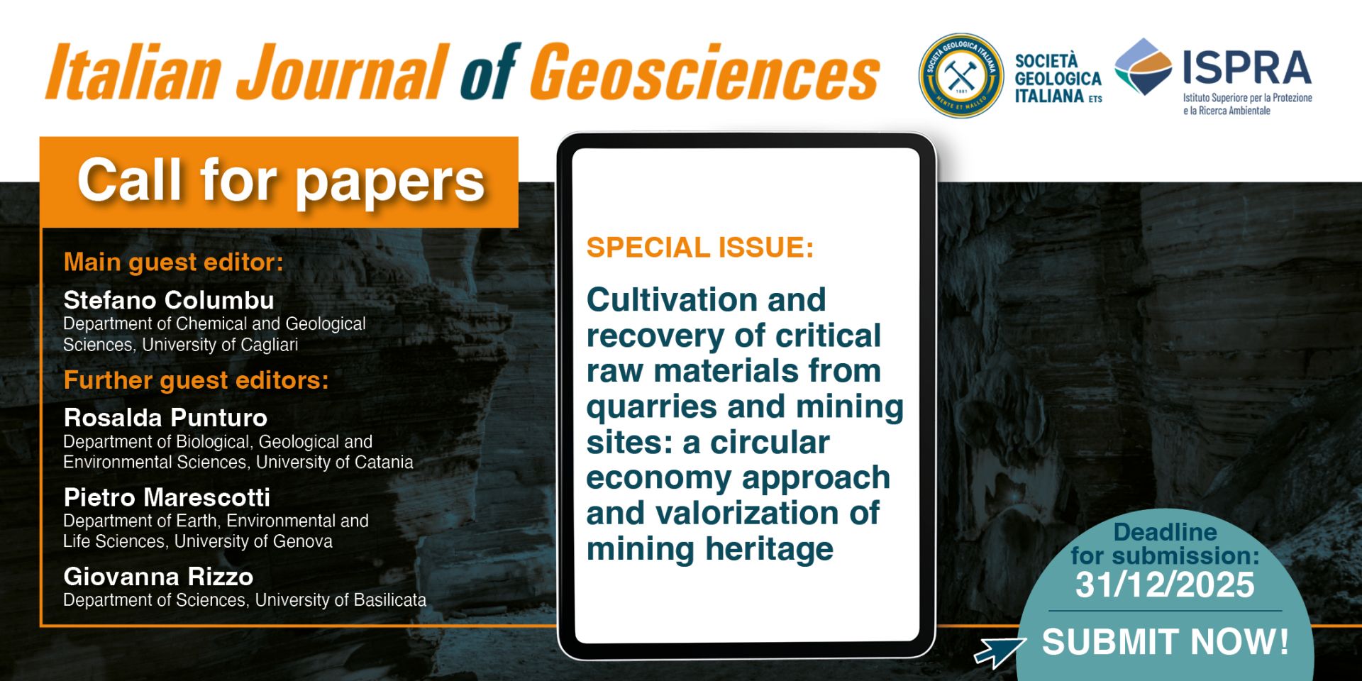 Italian Journal of Geosciences - Call for papers Special Issue 'Cultivation and recovery of critical raw materials from quarries and mining sites: a circular economy approach and valorization of mining heritage'